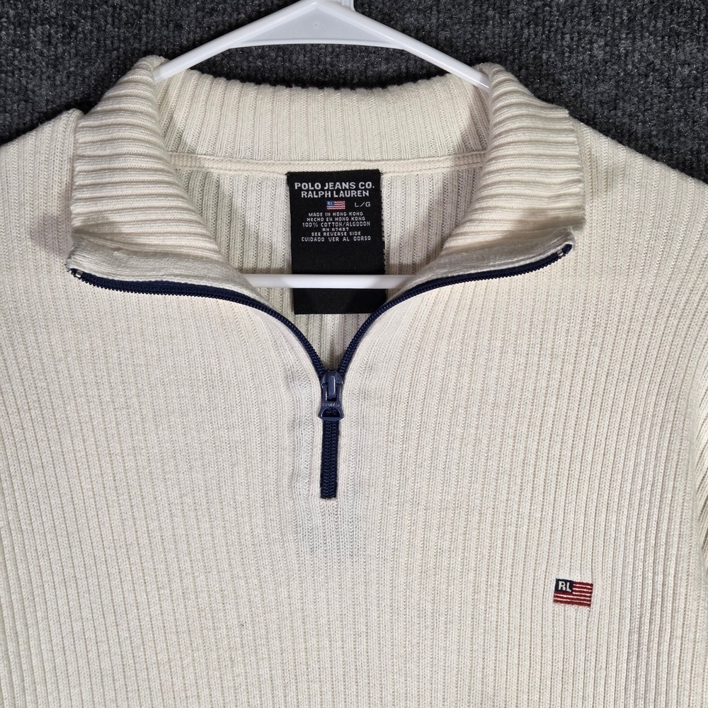 Polo Ralph Lauren Jeans Co Quarter Zip Sweater Mens Large Cream Ribbed Cotton RL